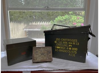 S/ 3 Vintage Metal Tin Boxes - Cross Swords Tobacco Tin, Green Military Ammo Box, Weis Metal Box