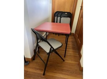 LR/ Vintage Red Speckle Top Folding Metal Square Card Table & 4 Folding Samsonite Chairs