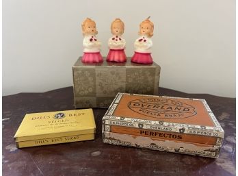 DR/ 3 Pc Nostalgia Bundle - Overland Cigar Box, Dill's Best Tobacco Tin,  Choir Children Candles