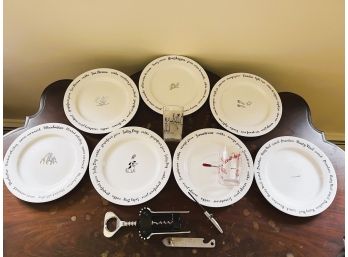 DR/ Bar Plates #1, Set Of 7 Plates W/ Drink Recipes By Pottery Barn & 2 Vintage Shot Glasses