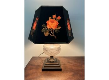 LR/ Vintage Pressed Glass Body, Rose Printed Paper Shade, Table Parlor Lamp