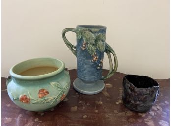 LR/ 3 Pottery Pieces - Roseville Jardiniere Pot Bowl, Roseville Bushberry 2 Handle Vase & More