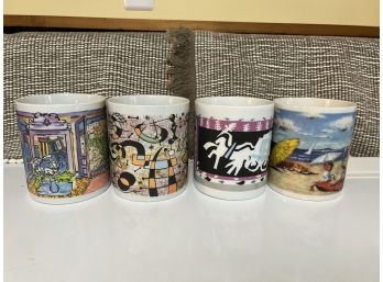 K/ 4 Assorted Painted Artsy Funky Colorful Coffee Mugs
