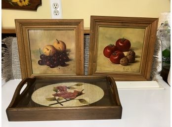 K/ Needlepoint Cardinal Wood Tray By 3 Mountaineers & 2 Wood Framed Still Life Art By Turner