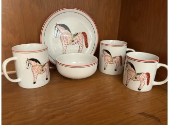 DR/ 5 Pc Andrea Sadek 'Winterthur Interpretation' Spotted Horse Porcelain Plate, Mugs, Bowl