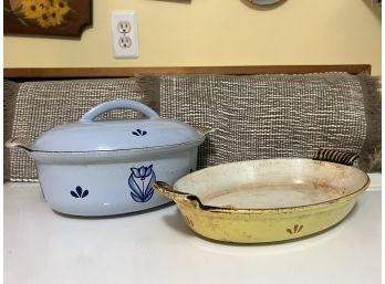 K/ 2 Pretty Stoneware Oval Casserole Baking Dishes - Blue W/Cover & Yellow