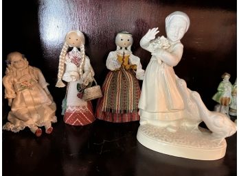 LR/ 4 Vintage Dolls & Figurines - Ando Lithuania Doll, Nippon Porcelain Doll, Holland Mold Girl W/Geese