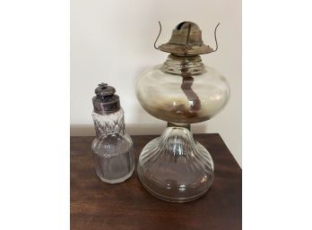 LR/ 2 Vintage Glass Pcs - Eagle Oil Lamp Brass Detail & Tall 7' Shaker W/metal Top