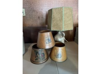 G/ Lamp & Shade Bundle - 1 Earthenware Jug Style Table Lamp & 3 Vintage Lamp Shades Godey's Fashions...