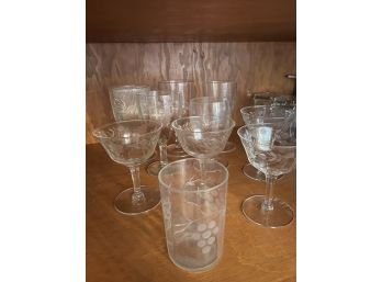 DR/ Assortment Of 10 Different Etched & Pressed Glass Glasses