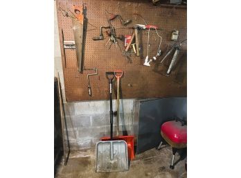 D/ Wall Of Assorted Tools - Hanging From Wall & 2 Shovels