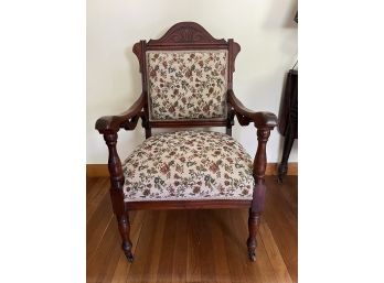 LR/ Lovely Antique Mahogany & Floral Tapestry Arm Chair 2 Wheels