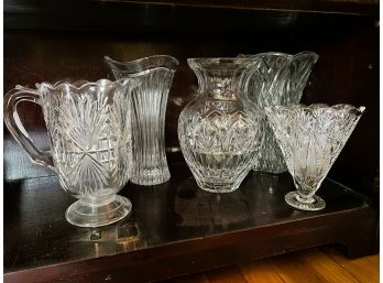 LR/ Pretty 5 Pc Vase Bundle - 4 Pressed Glass, 1 Crystal
