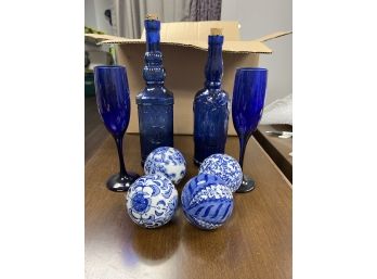 Pretty 8 Pc Cobalt Blue Bundle / Decorative Balls, Bottles, Champagne Flutes