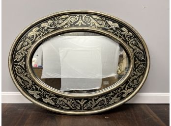 Unique Oval Mirror W/Black Frame & Gold Painted Design