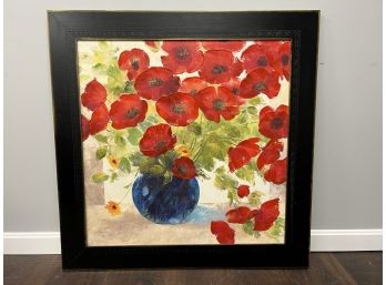 Large Dark Wood Frame Of Paint On Canvas / Poppies In A Blue Vase, Signed By Artist