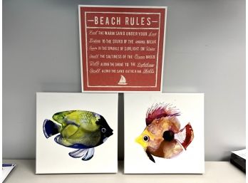 3 Fun Canvas Wall Prints - - 2 Colorful Fish, 1 'Beach Rules'