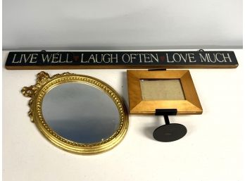 3 Pc Home Decor Bundle - Wood Sign, Gold Framed Oval Mirror, Photo Frame On Stand