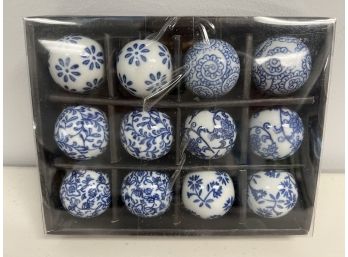 New In Box 12 Cobalt Blue White Floral Porcelain Decorative Round Balls Orbs