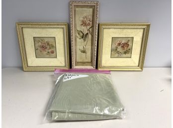 4 Pc Home Decor Bundle - 2 Gold Framed Wall Art, 1 Cheri Blum Framed Art, 3 Pale Green Sheer Curtains