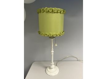 Pretty White Painted Table Lamp W/ Bright Green Shade W/ Rose Florets