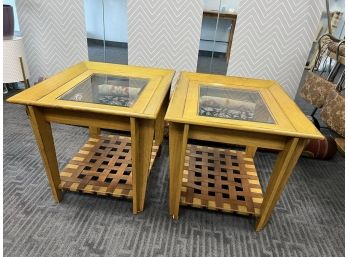 Pair Of Wood Glass & Leather End Tables