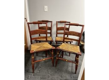 Set Of 4 Vintage Wood Side Chairs - Stenciled & Rush Seats