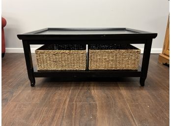 Large Black Wood Coffee Table W/ 2 Baskets On Lower Shelf / Ballard Designs