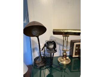 LK - Trio Of Table Top Lamps - - 1 Brass Banker's Lamp, 1 Alladin Cast Iron Gooseneck, 1 Spotlight