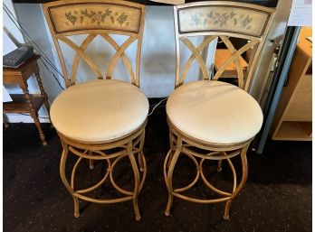 LBR - Pair Of Two Iron & Painted Wood Cushioned Counter Height Chairs Stools