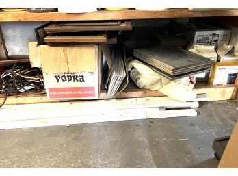 G - Wood Shelf #8 / Box Of Misc Picture Frames, Cords, Lots Of Asstd Tile & More