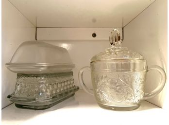 UK - 3 Pc Glass Bundle - 2 Covered Butter Dishes, 1 Pressed Glass Sugar Bowl W/ Handle & Cover
