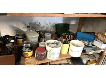 G - Wood Shelf #7 / Lrg Toolbox & Lots Of Bins W/ Hand Tools & More