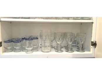 UK - Shelf #3 Glasses 24 Asstd / Martini Pitcher, Blue Rim Glasses, Pressed Glass Water Glasses Etc