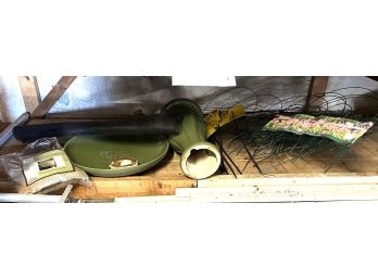 G - Wood Shelf #4 / Garden Fencing, Green Ceramic Bird Bath, Screen Material & More