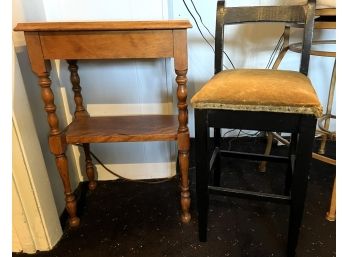 LBR - Vintage Duo - Small Wood Accent Telephone Table & Small Velvet And Wood Chair