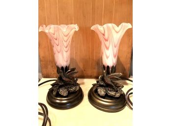 LK - 2 Dale Tiffany Style Hummingbird Art Glass Lily Table Lamps Pink White Antique Bronze