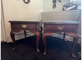 LBR - Pair Of Single Drawer Wood End Tables W/ Brass Hardware