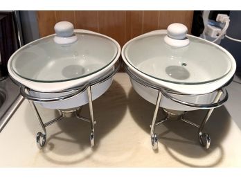 LK - Pair Of 2 Pretty White & Chrome Oval Covered Warming Serving Dishes / Nantucket
