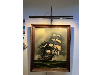LLR - R. Longanesi Signed #19 Clipper Ship Framed Painting On Canvas W/ Gallery Wall Light