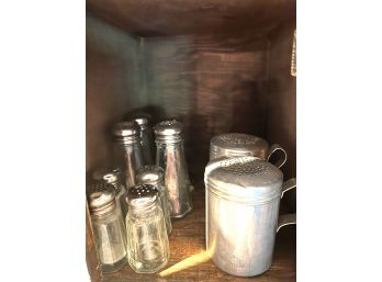 LK - Cabinet W/ 10 Assorted Salt & Pepper Shakers - Glass & Metal