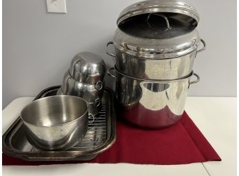 7 Pc Metal Cookware Lot- Farberware Mixing Bowls, Aluminum Clad 16qt & 12qt Pots, Roasting Pan