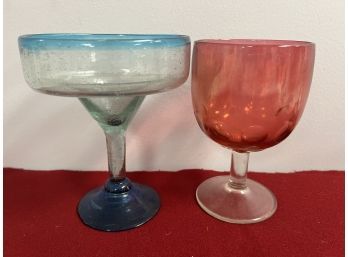 4 Cranberry & Clear Thumbprint Goblets And 4 Blue & Clear Handblown Margherita Glasses