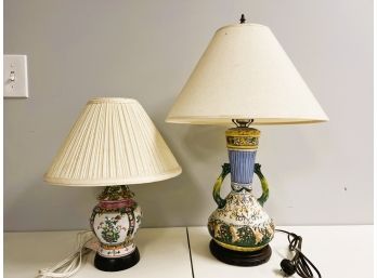 2 Beautifully Painted Ceramic Asian Style Vintage Table Lamps W/Shades