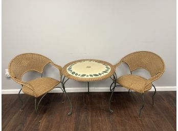 Outdoor Iron & Rattan Round Patio Deck Table & 2 Rattan Arm Chairs
