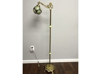 Unique Ornate Floor Lamp Brass W/Green Slag Glass Shade & 2 Green Ball Accents