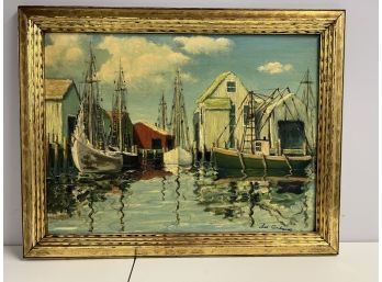 Beautiful Framed Paint Of Boats Harbor Dock By Les Andrews