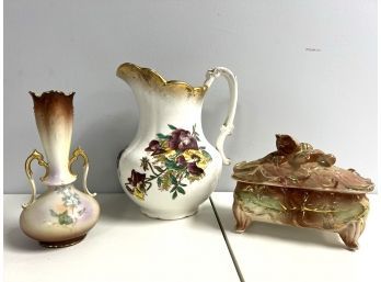 Trio Of Pretty Porcelain Pottery - Anchor Pottery Pitcher, Limoges Like Vase & Ornate Trinket Box