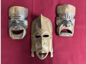 3 Carved Wood Masks - Pair Of Comedy/Tragedy Alii Woods Honolulu & 1 African Tribal