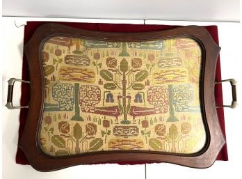 Unique Shapely Wood Tray, Glass Covering Needlepoint , Metal Wood Handles, Rochester Stamping Co